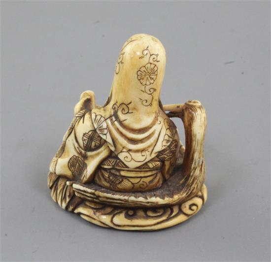 A Japanese ivory okimono netsuke of Fukurukuju, Meiji period, signed Gyokuzan h. 4.1cm